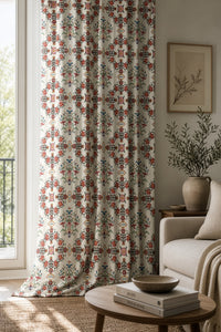 Red medallion tile curtains in a living room