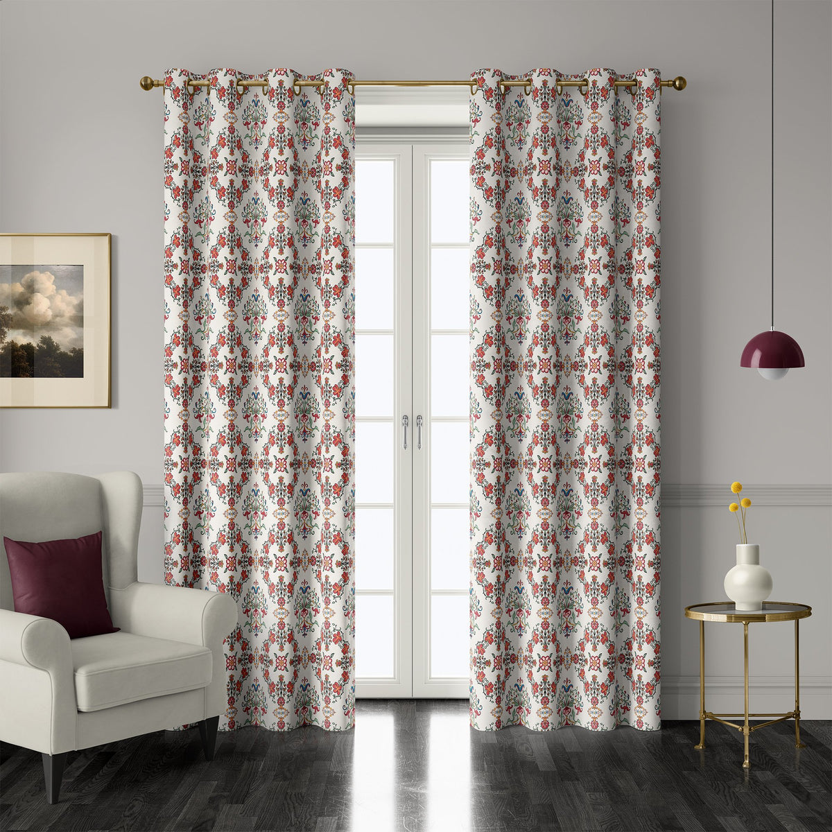 Pair of red medallion tile grommet curtains at French doors