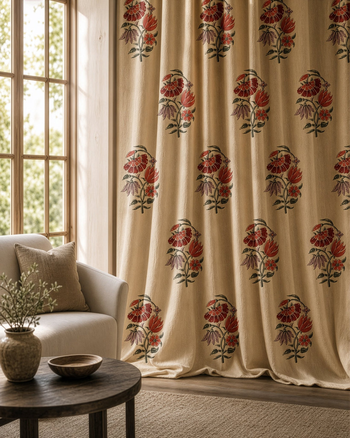 Red poppy block print curtains in a living room