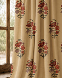 Pair of red poppy block print curtains at an arched window