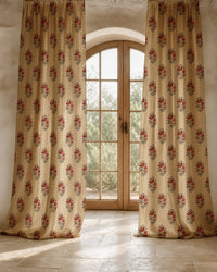 Two long red poppy block print curtain panels