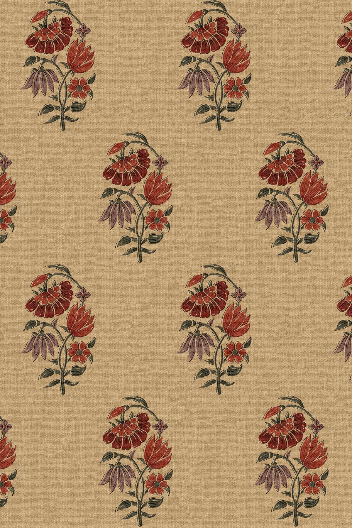 Close-up of the red poppy block print pattern repeat