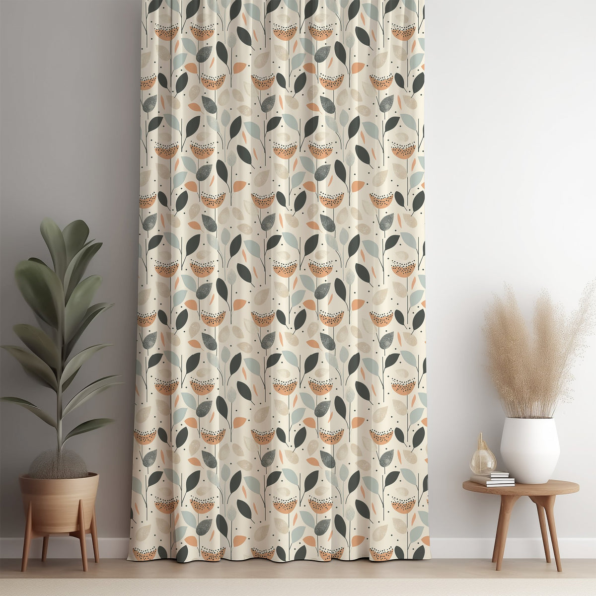 Retro mid century leaf curtain panel against a white wall