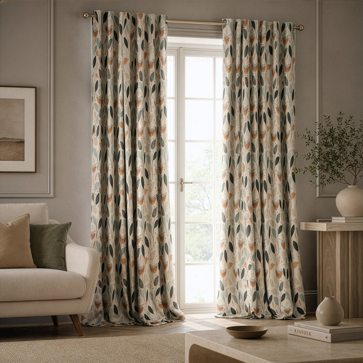 Retro mid century leaf curtains in a living room