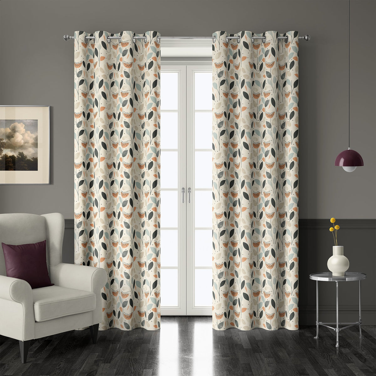 Pair of retro mid century leaf grommet curtains at French doors