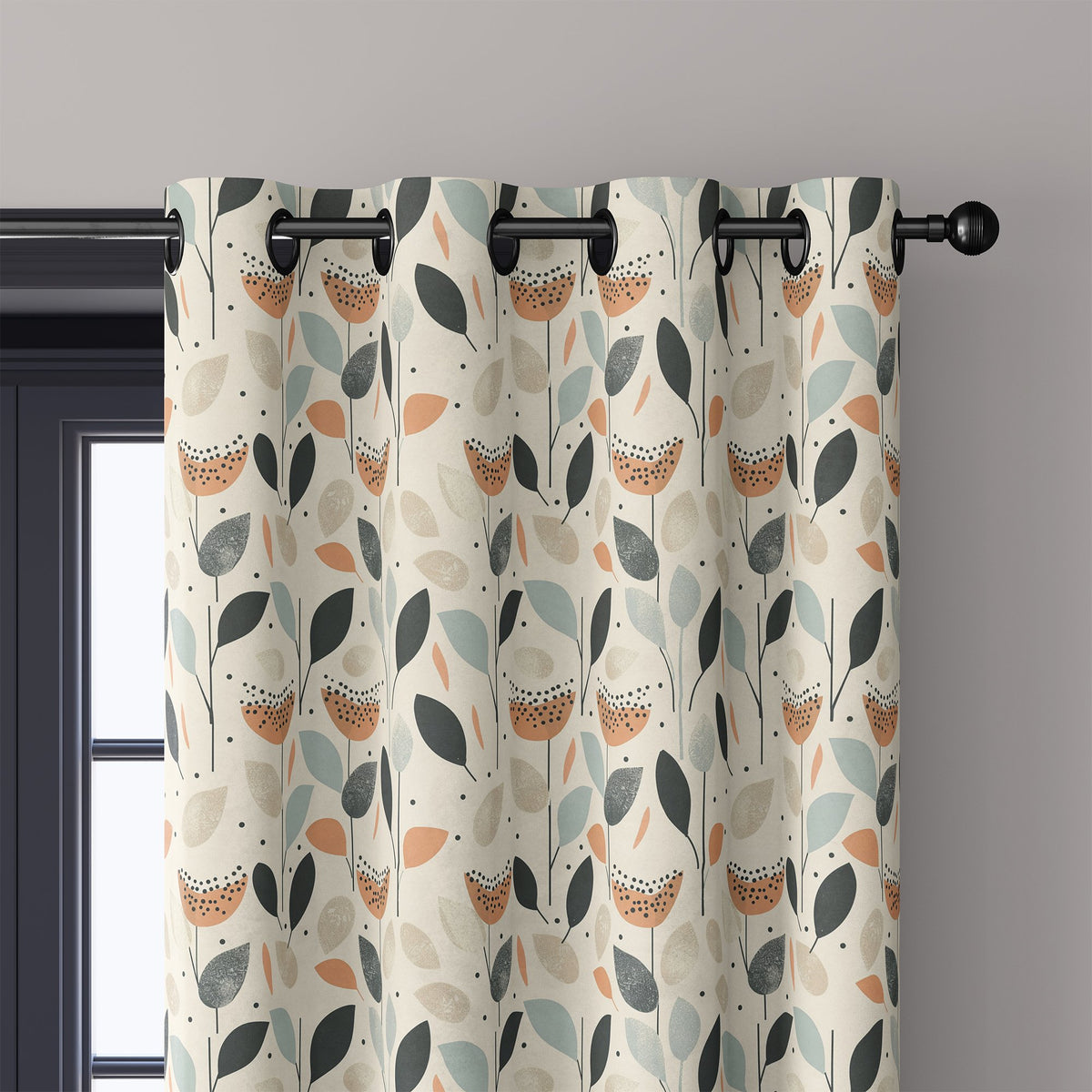 Close-up of retro mid century leaf curtain grommets on a black rod