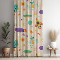 Retro rocket space kids curtain panel against a white wall
