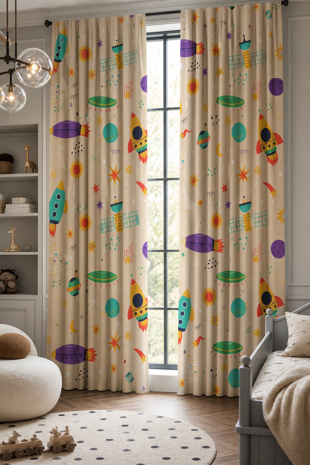 Retro rocket space kids curtains in a child's bedroom