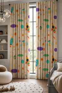 Retro rocket space kids curtains in a child's bedroom