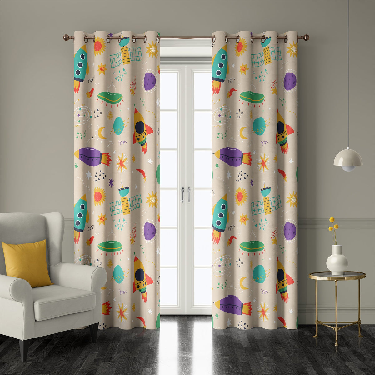 Pair of retro rocket space kids grommet curtains at French doors