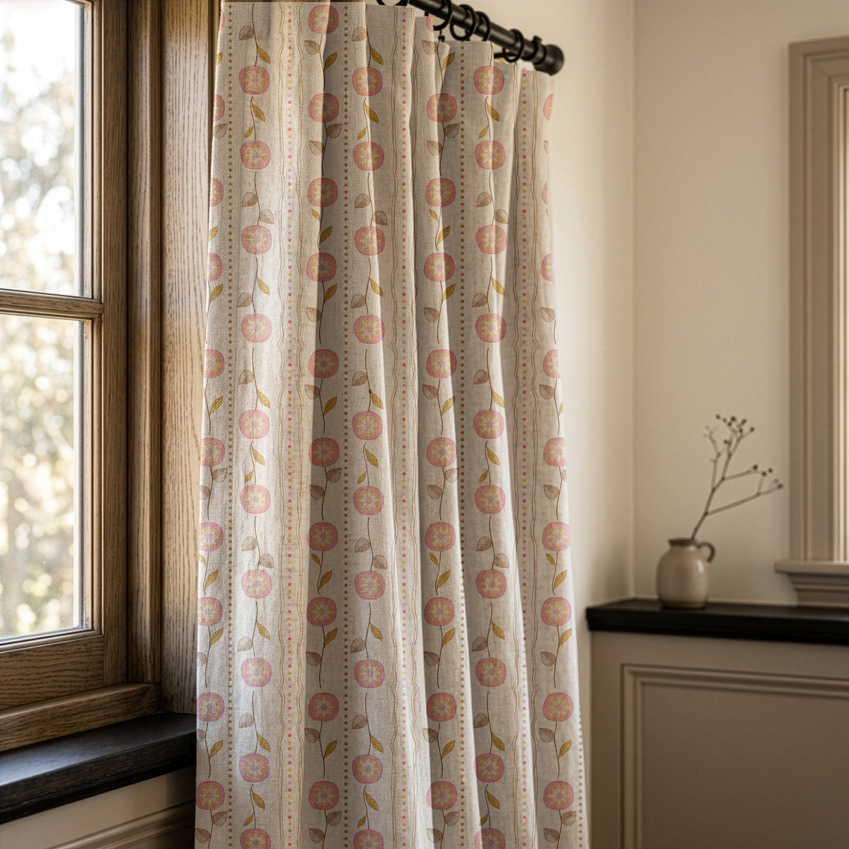 Rose pink floral stripe curtains in a warm living room