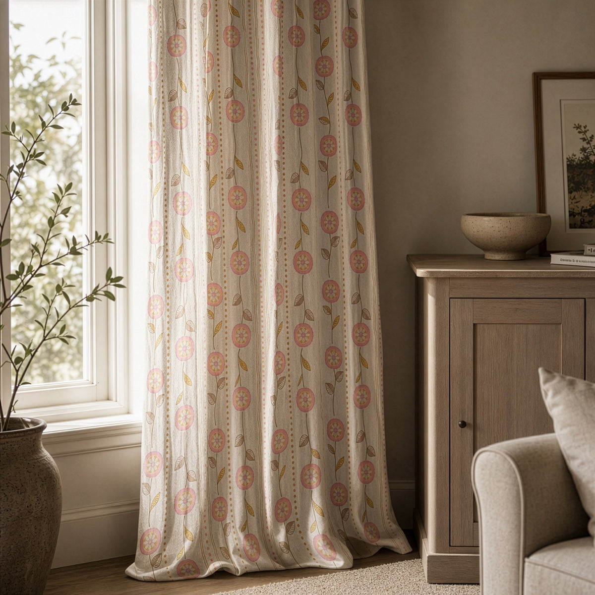Rose pink floral stripe curtains in a living room