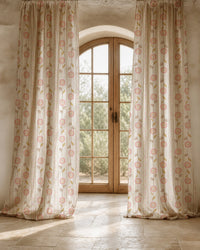 Two long rose pink floral stripe curtain panels