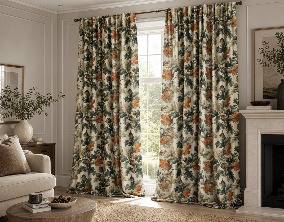 Rust and green oak leaf curtains in a living room