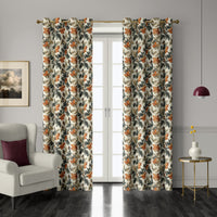 Pair of rust and green oak leaf grommet curtains at French doors