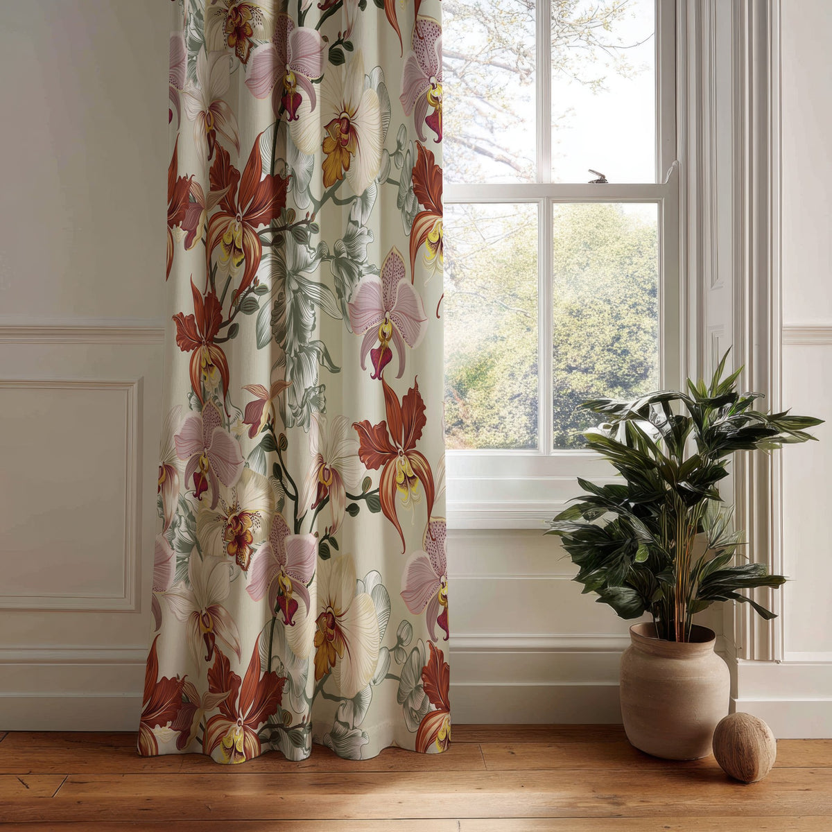 Rust red orchid floral curtain panel hanging by a white window