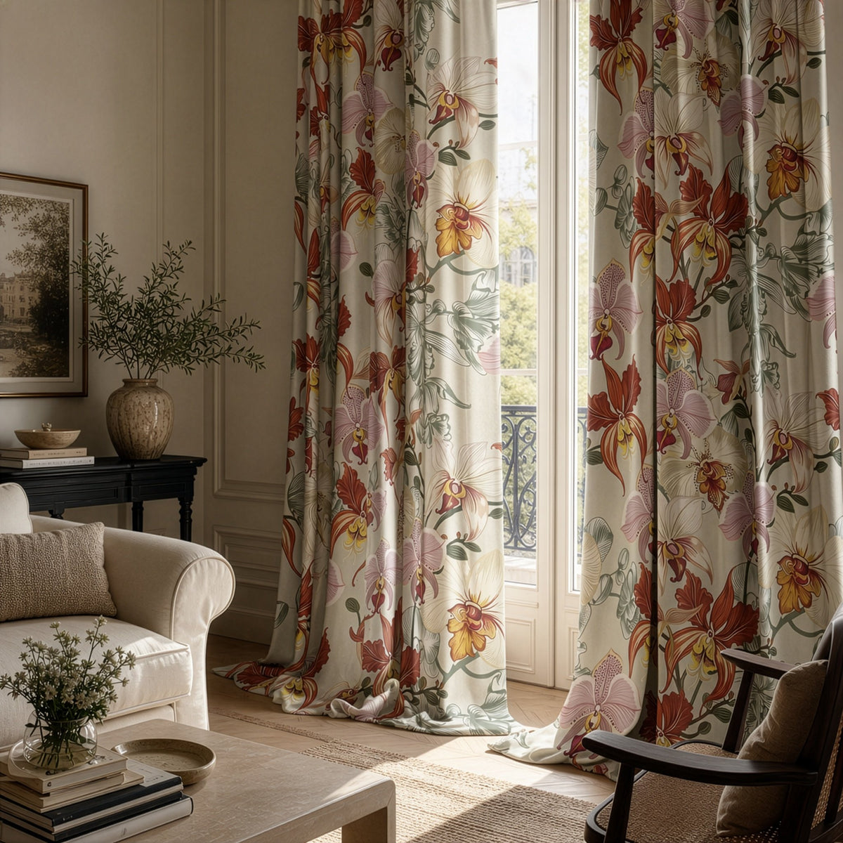 Rust red orchid floral curtains in a living room