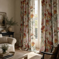 Rust red orchid floral curtains in a living room