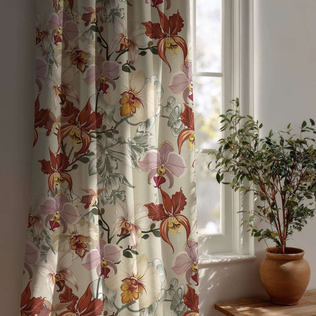 Rust red orchid floral curtain beside a potted olive tree
