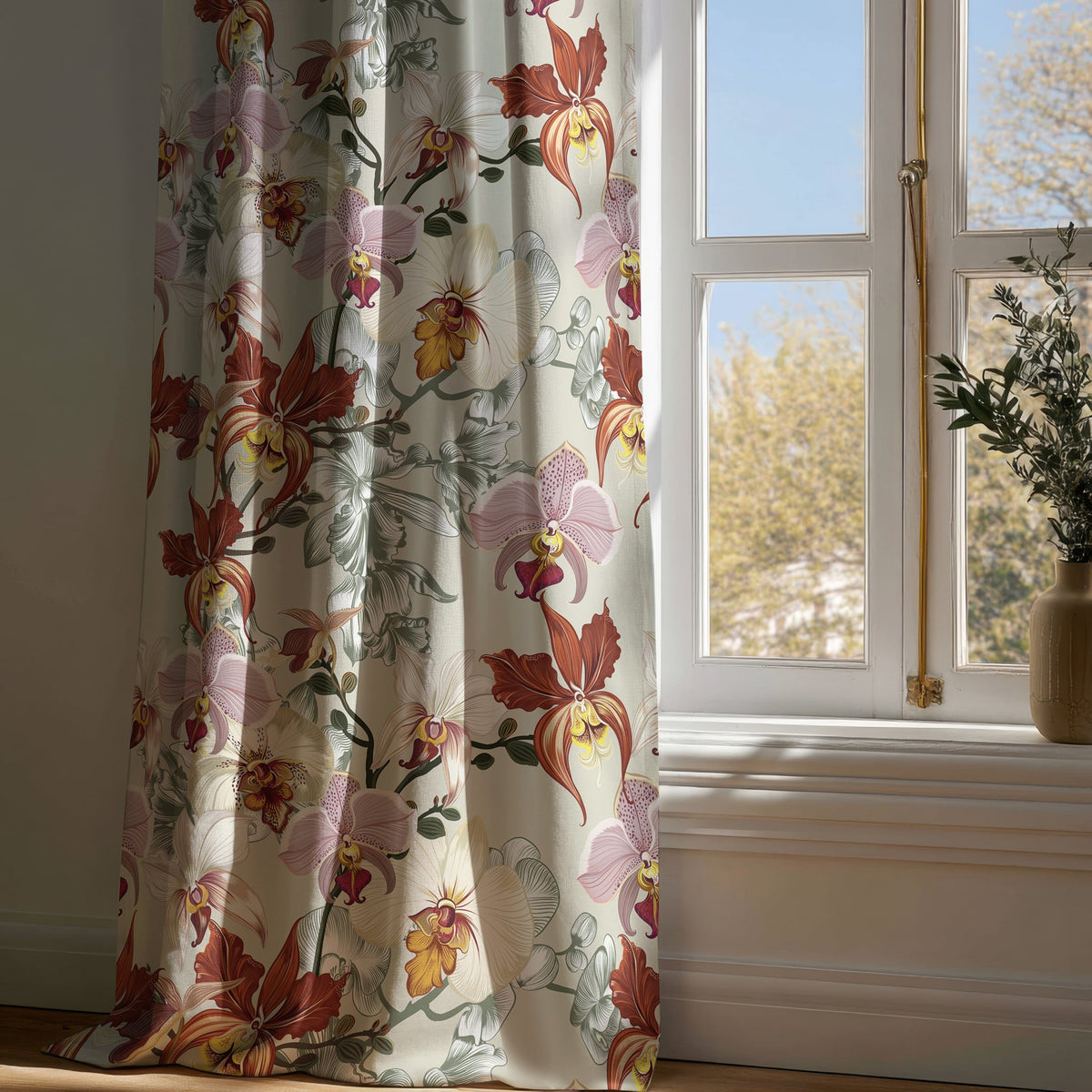 Full-length rust red orchid floral curtain draping to a wooden floor