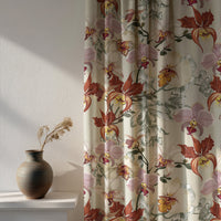 Soft daylight through a rust red orchid floral curtain