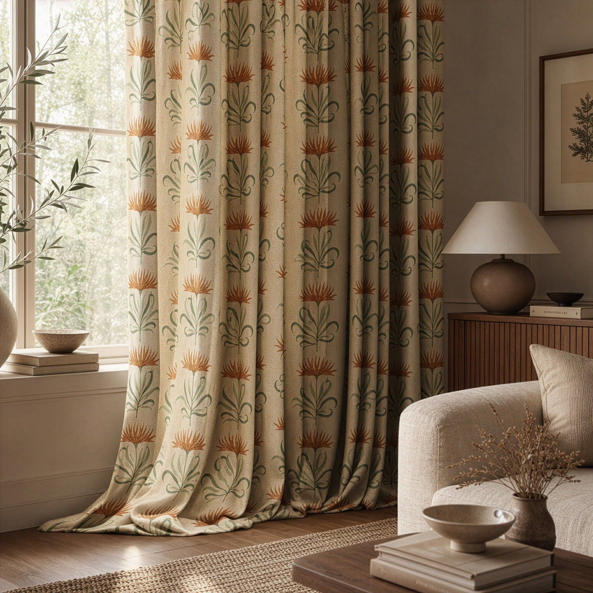 Rust thistle and ribbon curtains in a living room