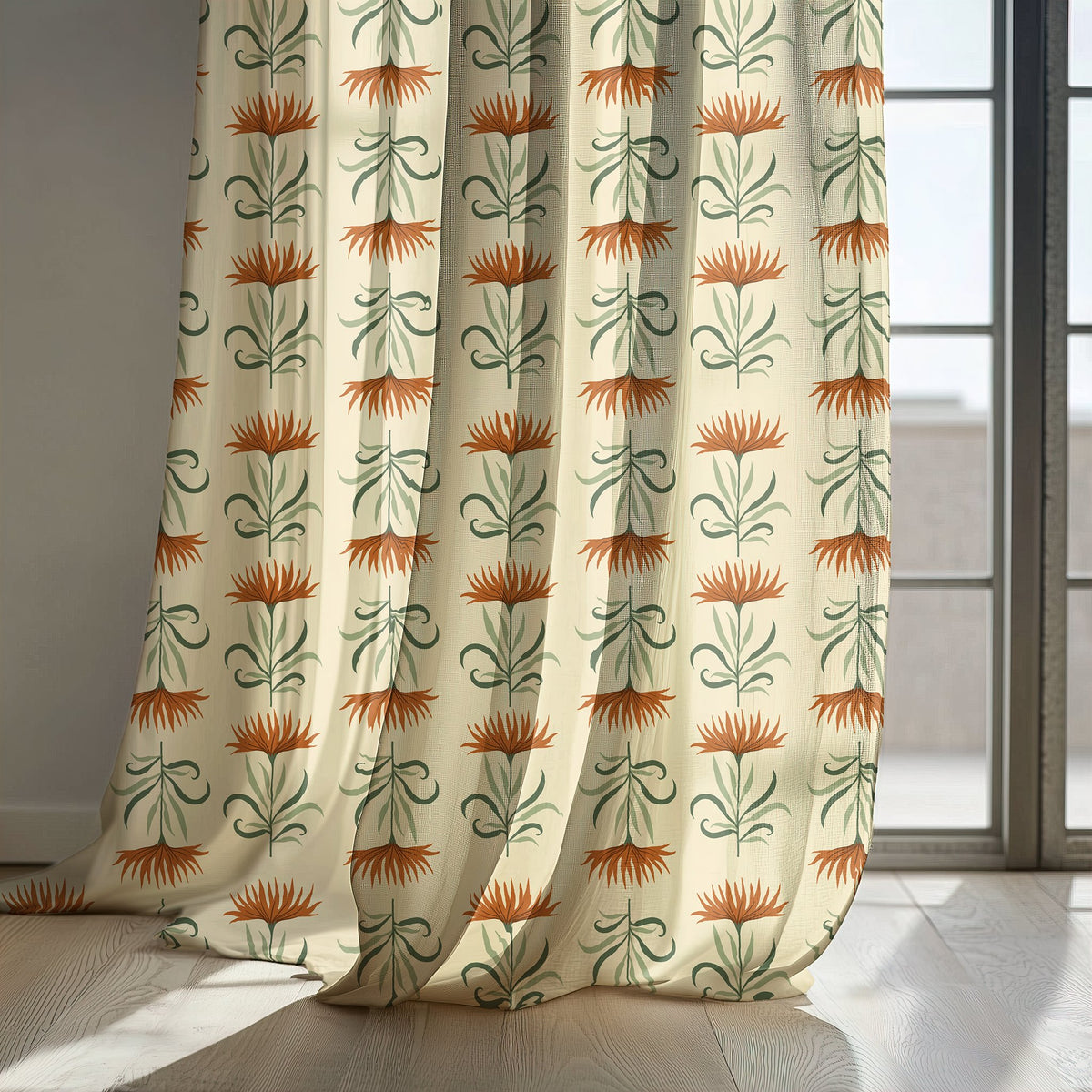 Rust thistle and ribbon curtain panels by a sunny window