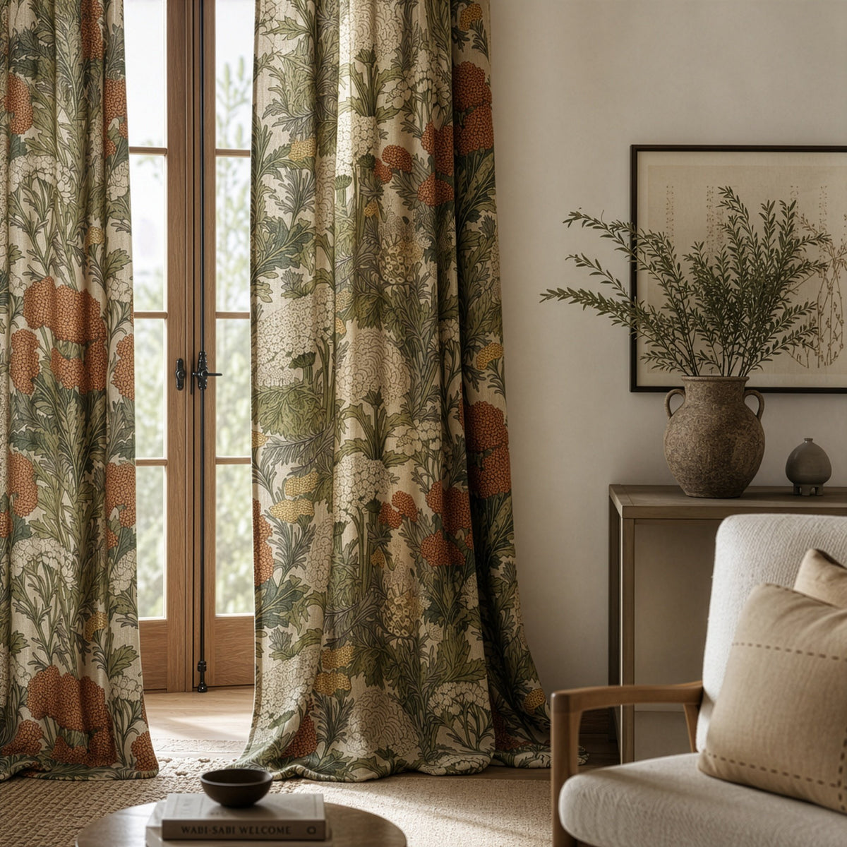 Rust wildflower meadow curtains in a living room