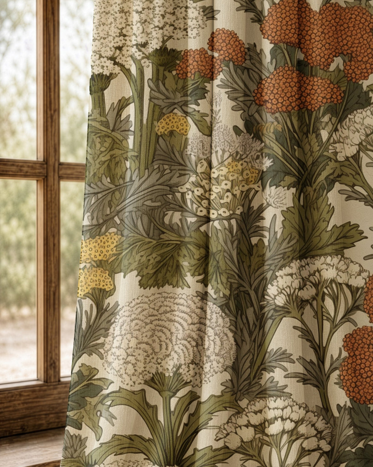 Pair of rust wildflower meadow curtains at an arched window