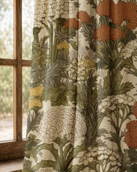 Pair of rust wildflower meadow curtains at an arched window