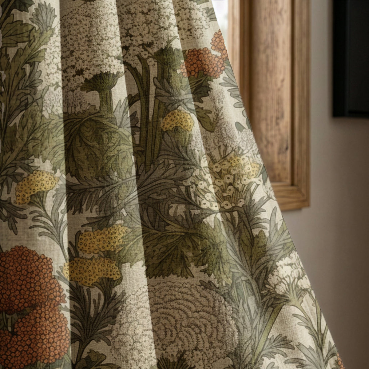 Rust wildflower meadow curtain panel beside a rustic wooden window