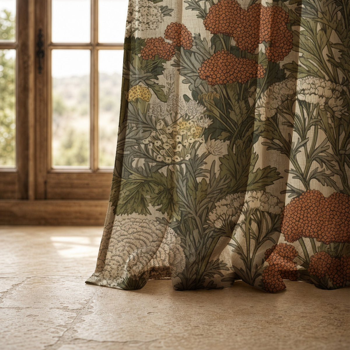 Hem of a rust wildflower meadow curtain resting on a stone floor
