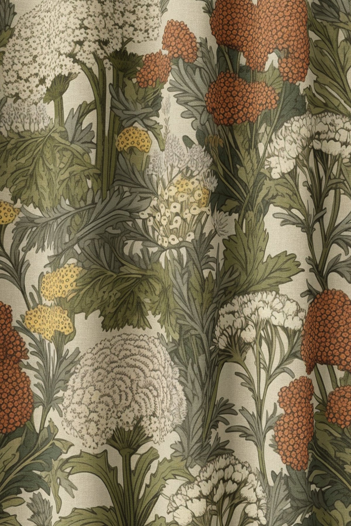 Flat view of the rust wildflower meadow print
