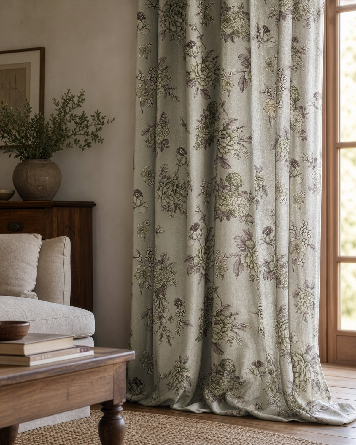 Sage blue vintage rose curtains in a living room