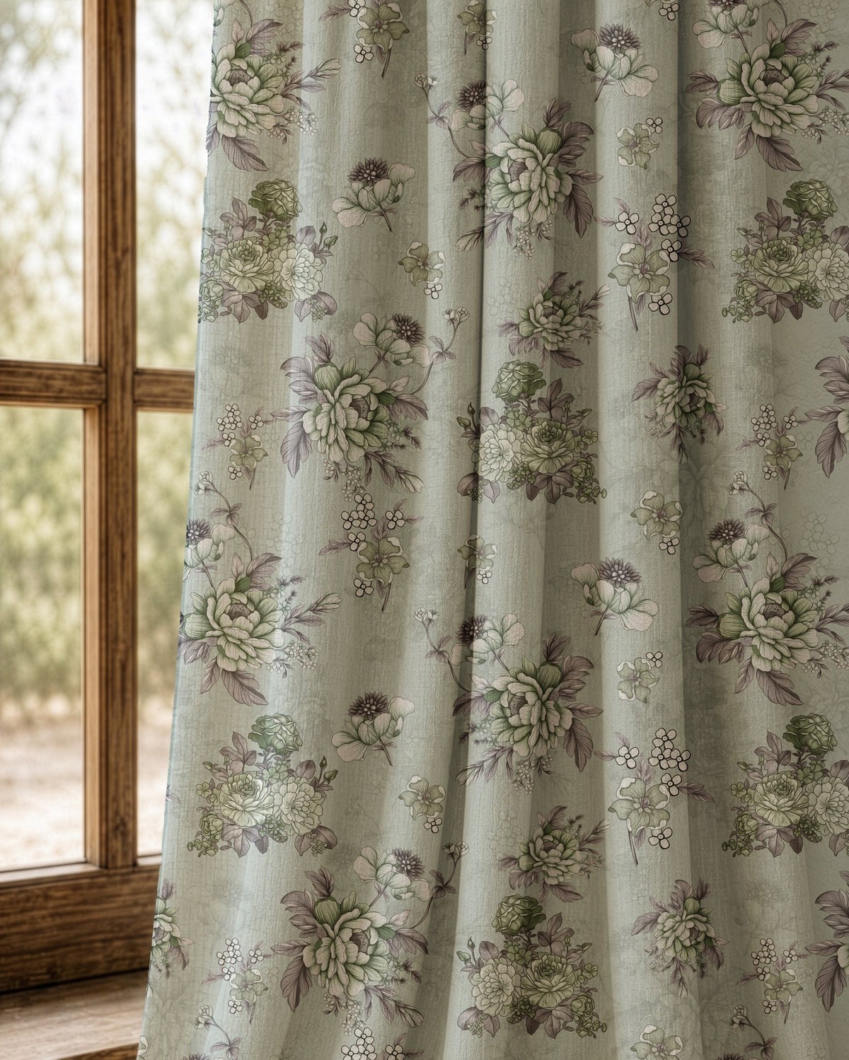 Pair of sage blue vintage rose curtains at an arched window