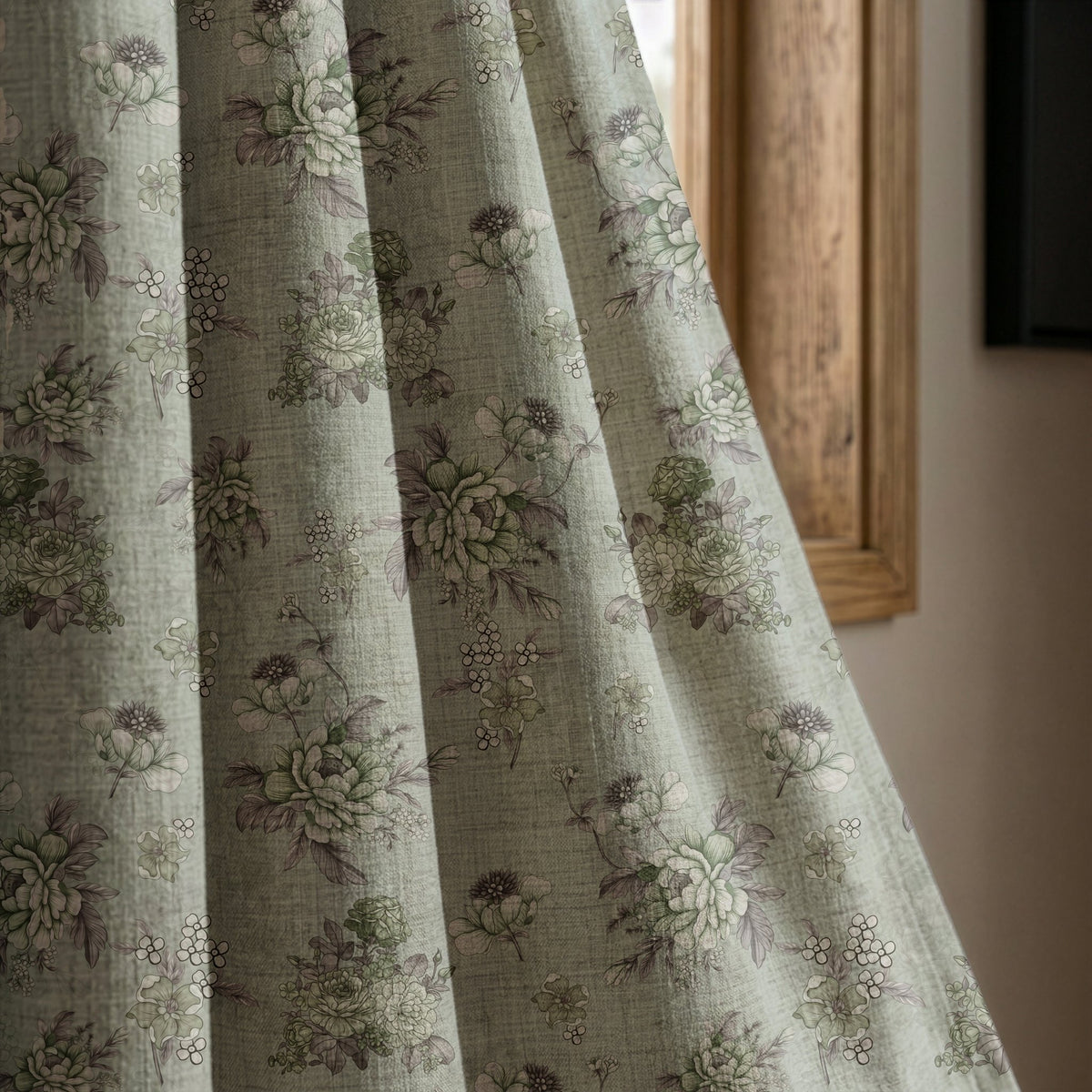 Sage blue vintage rose curtain panel beside a rustic wooden window