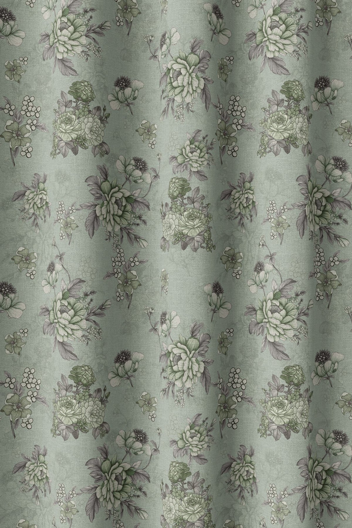 Flat view of the sage blue vintage rose print