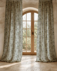 Close-up of the sage blue vintage rose print
