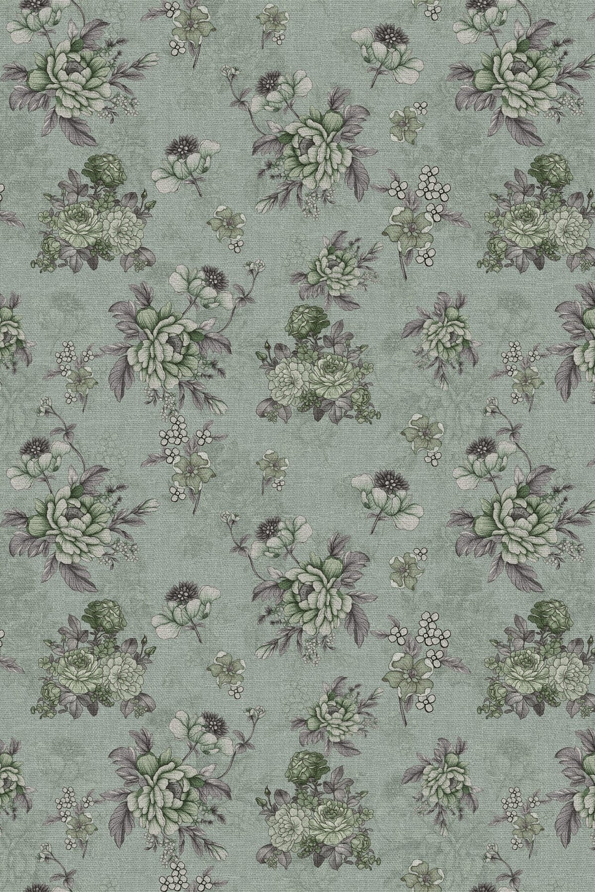 Close-up of the sage blue vintage rose pattern repeat