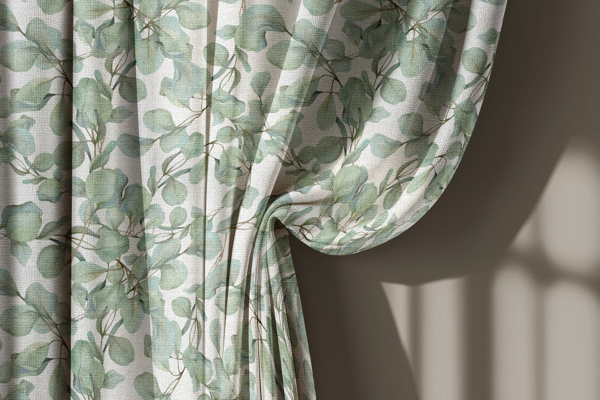 Sage eucalyptus leaf curtain gathered to one side
