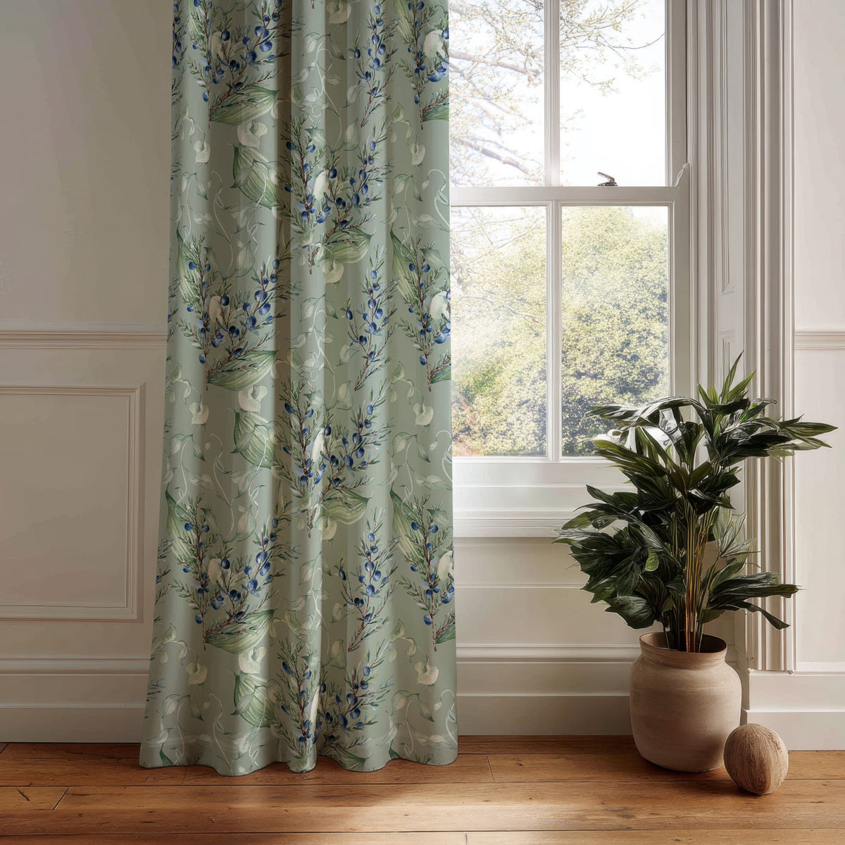 Sage green lavender sprig curtain panel hanging by a white window