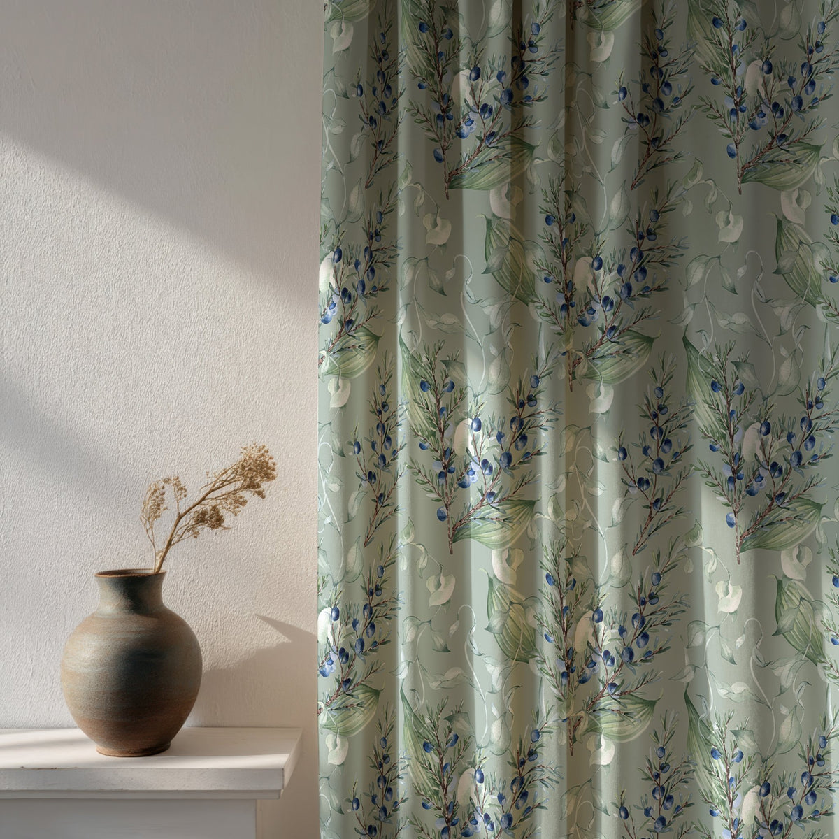 Soft daylight through a sage green lavender sprig curtain