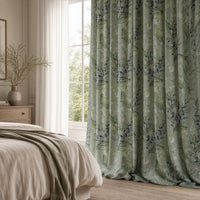 Sage green lavender sprig curtains in a bedroom