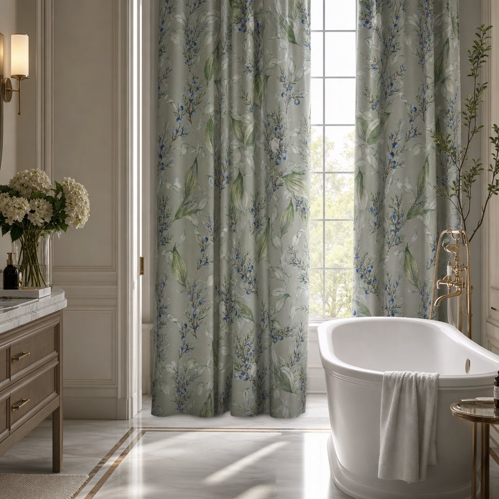 Pair of sage green lavender sprig curtains in a bedroom