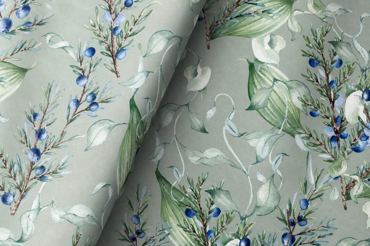 Sage green lavender sprig curtains framing a tall window