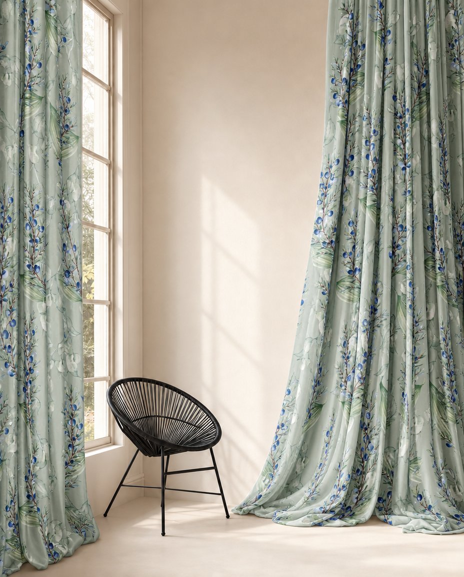 Sage green lavender sprig curtains in a sunlit bedroom