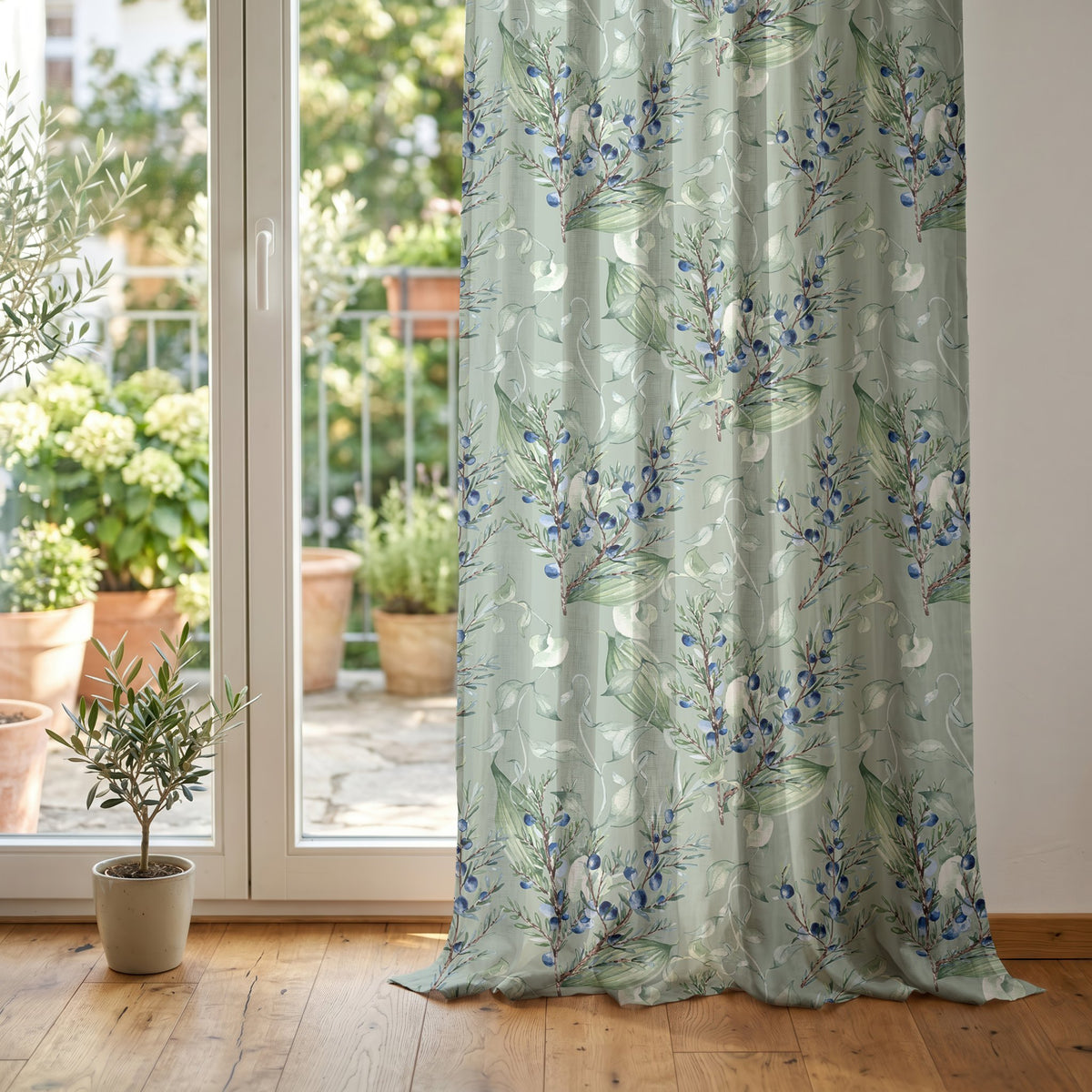 Sage green lavender sprig curtain at glass patio doors