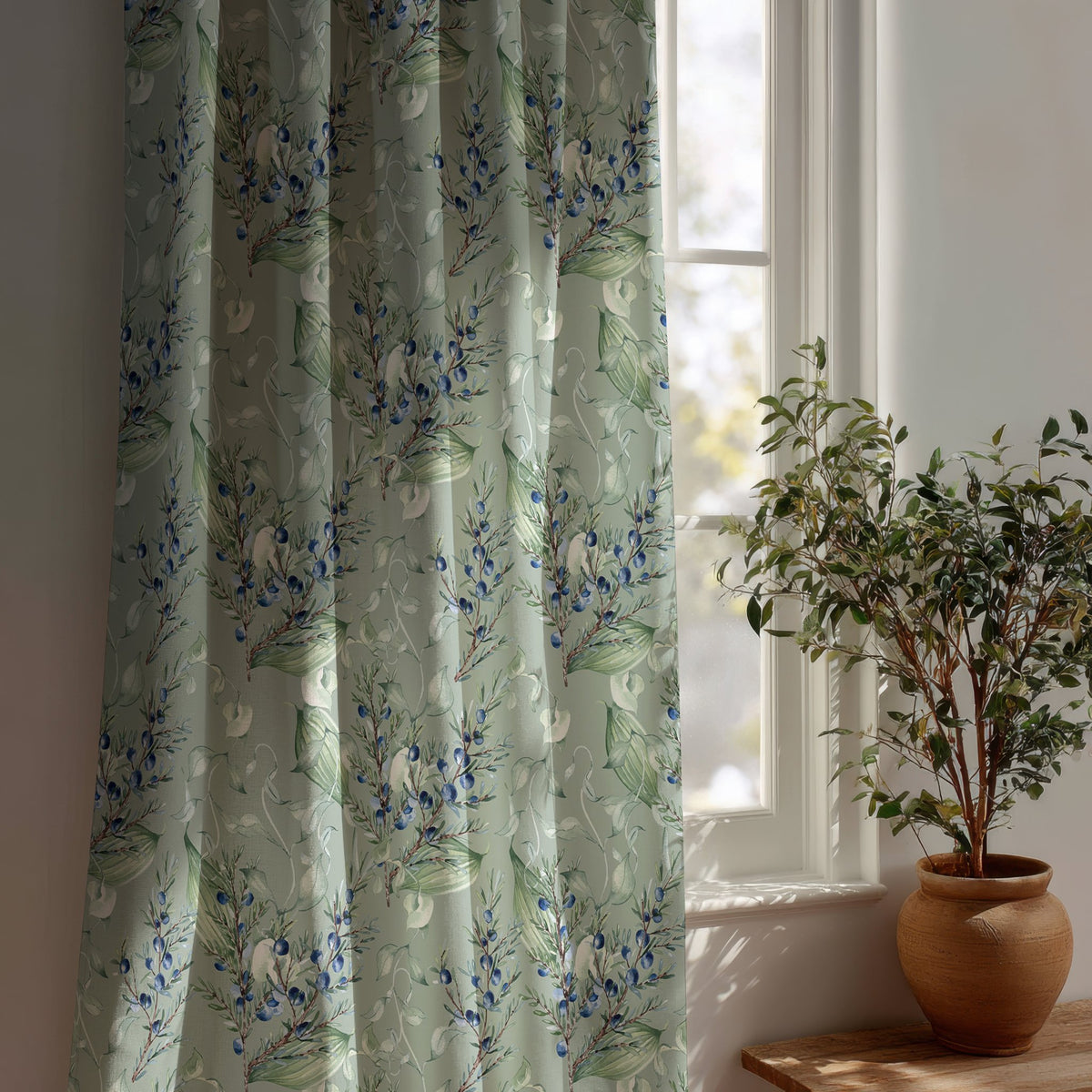 Sage green lavender sprig curtain beside a potted olive tree