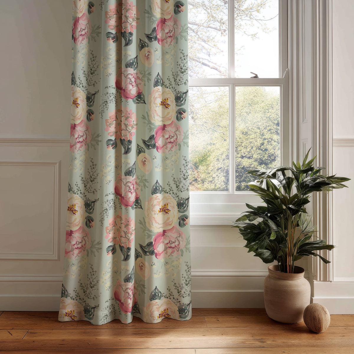 Sage green peony floral curtain panel hanging by a white window