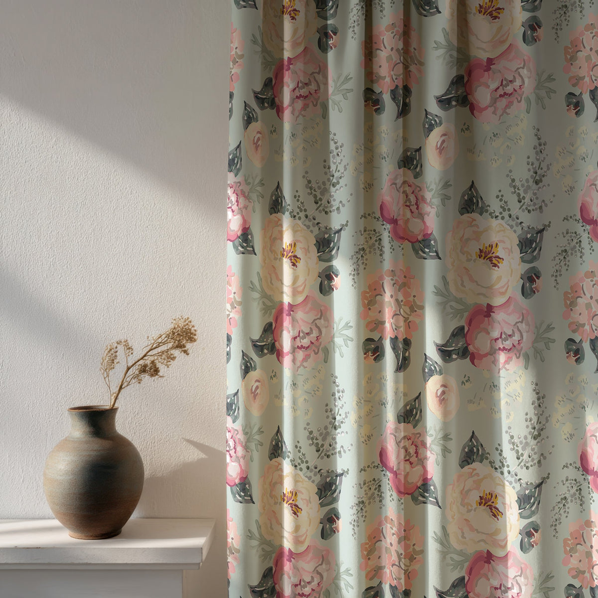 Soft daylight through a sage green peony floral curtain